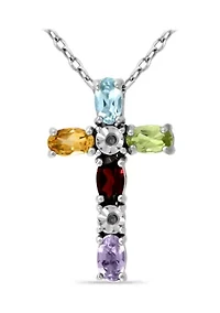 1.13 ct. t.w. Multi Gemstone and Diamond Cross Necklace, Sterling Silver