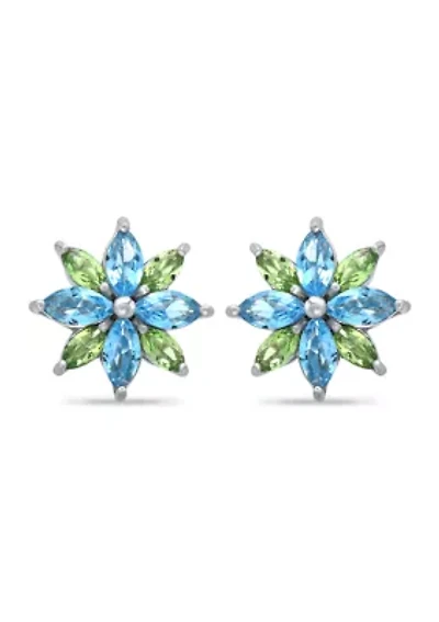 1.84 ct. t.w Blue Topaz and Peridot Flower stud Earring in Sterling Silver