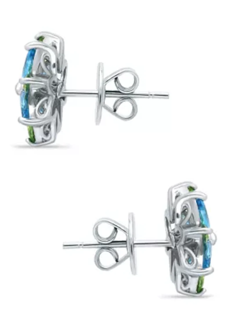1.84 ct. t.w Blue Topaz and Peridot Flower stud Earring in Sterling Silver
