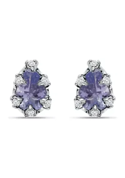 5/8 ct. 6MMx4MM Pear Tanzanite and White Topaz Crown Stud Earrings, Sterling Silver