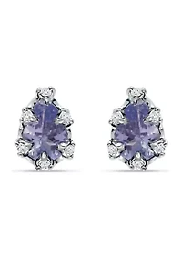 5/8 ct. 6MMx4MM Pear Tanzanite and White Topaz Crown Stud Earrings, Sterling Silver