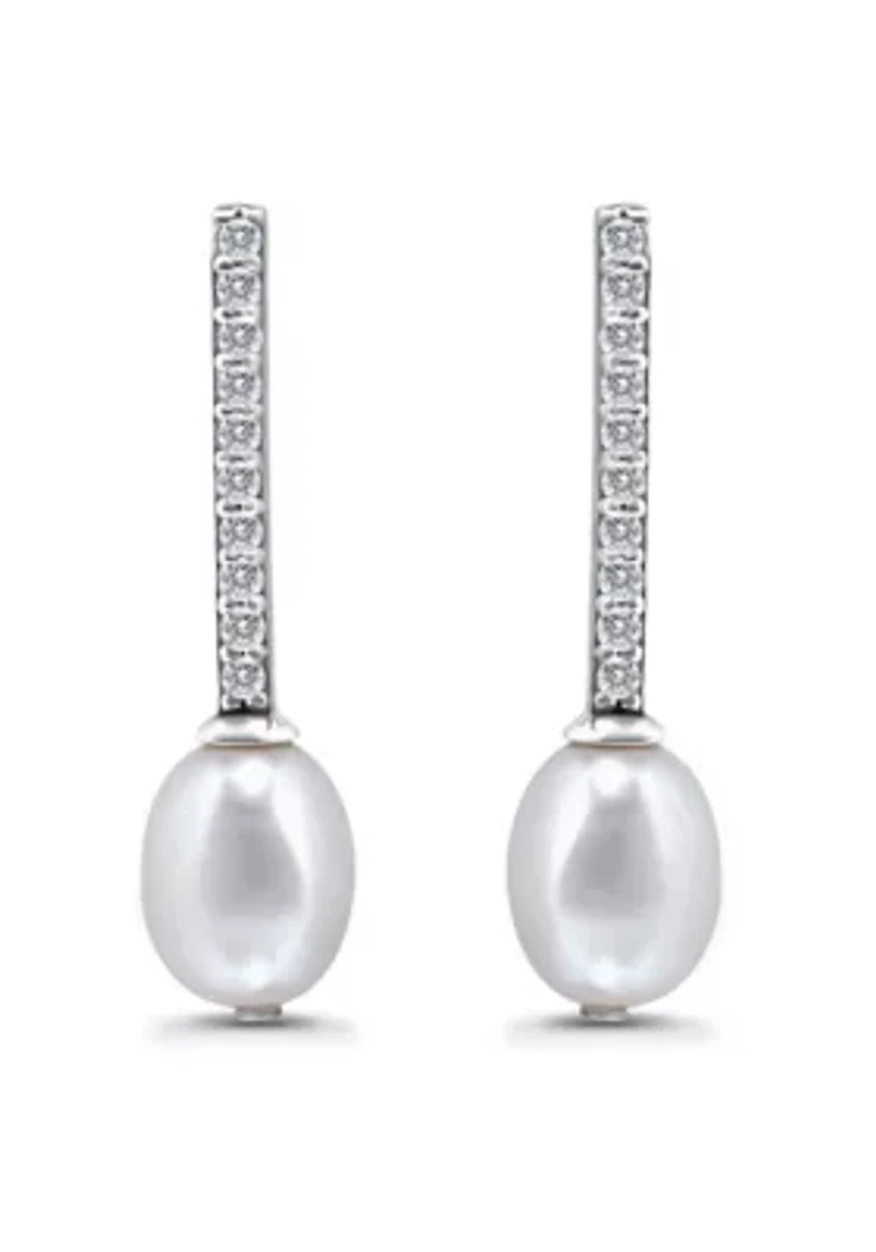 Freshwater Pearl and Pave White Topaz Linear Bar Drop Post Earrings