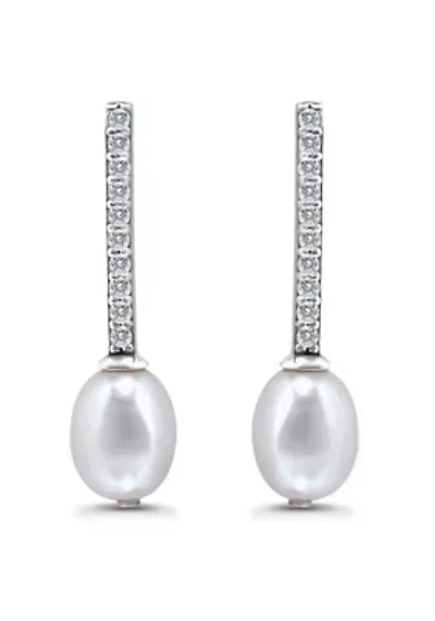 Freshwater Pearl and Pave White Topaz Linear Bar Drop Post Earrings