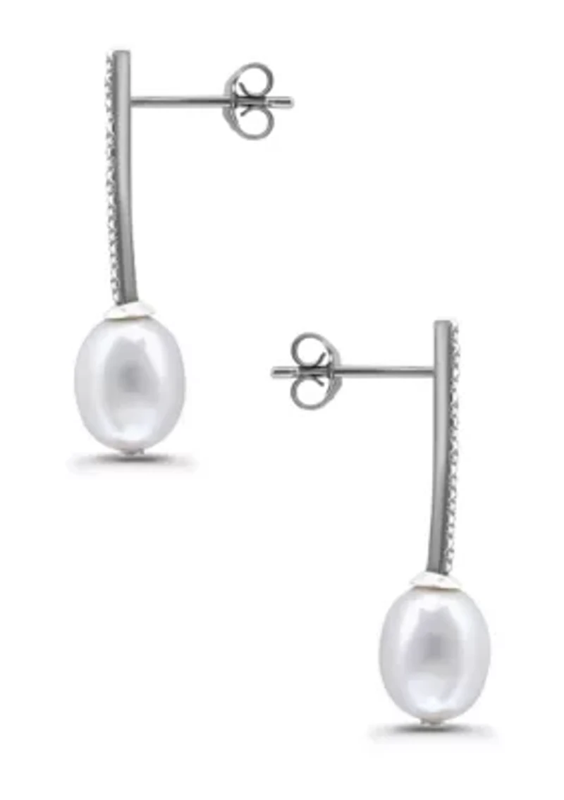 Freshwater Pearl and Pave White Topaz Linear Bar Drop Post Earrings