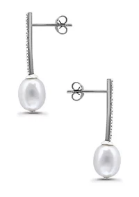 Freshwater Pearl and Pave White Topaz Linear Bar Drop Post Earrings