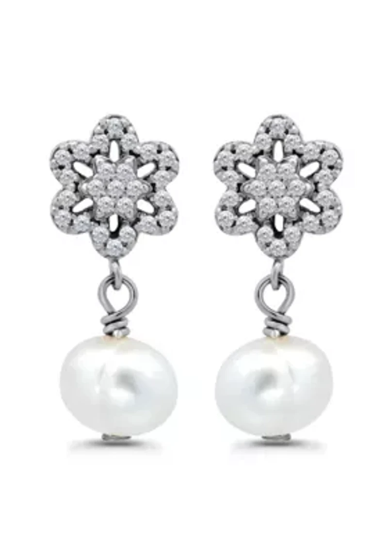 Freshwater Pearl Drop and Pave White Topaz Flower Sterling Silver Post Drop Earrings