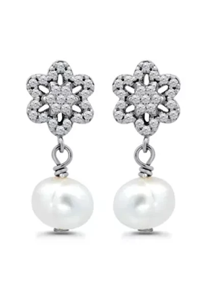 Freshwater Pearl Drop and Pave White Topaz Flower Sterling Silver Post Drop Earrings