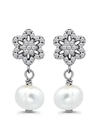 Freshwater Pearl Drop and Pave White Topaz Flower Sterling Silver Post Drop Earrings