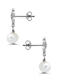 Freshwater Pearl Drop and Pave White Topaz Flower Sterling Silver Post Drop Earrings