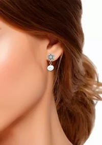 Freshwater Pearl Drop and Pave White Topaz Flower Sterling Silver Post Drop Earrings