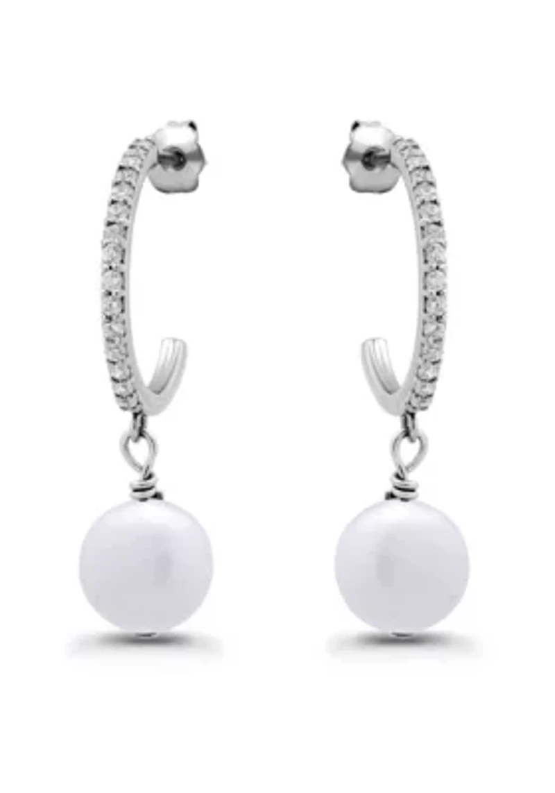 Freshwater Pearl Drop and Pave White Topaz Sterling Silver Post Hoop Earrings