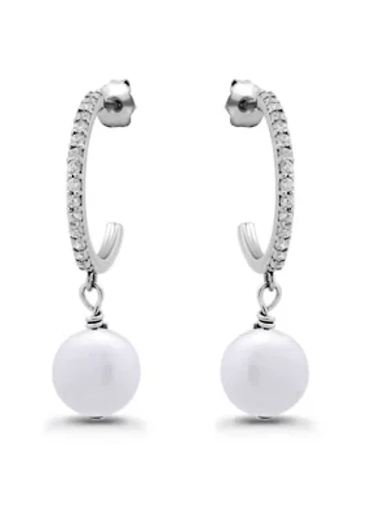 Freshwater Pearl Drop and Pave White Topaz Sterling Silver Post Hoop Earrings