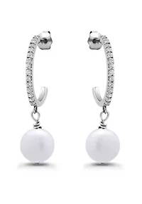 Freshwater Pearl Drop and Pave White Topaz Sterling Silver Post Hoop Earrings