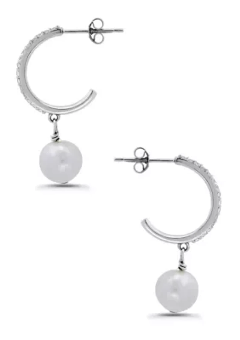 Freshwater Pearl Drop and Pave White Topaz Sterling Silver Post Hoop Earrings