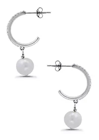 Freshwater Pearl Drop and Pave White Topaz Sterling Silver Post Hoop Earrings