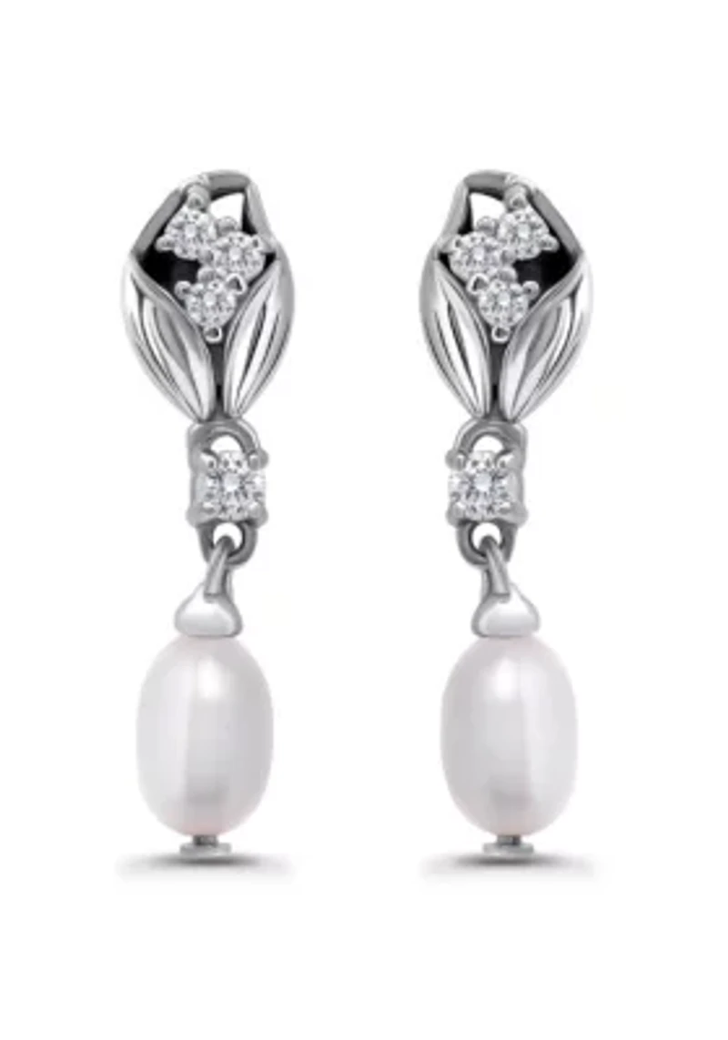 Freshwater Pearl and White Topaz Sterling Silver Tulip Drop Post Earrings