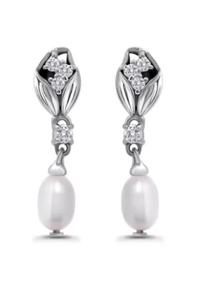 Freshwater Pearl and White Topaz Sterling Silver Tulip Drop Post Earrings