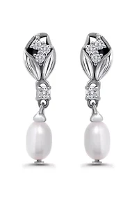 Freshwater Pearl and White Topaz Sterling Silver Tulip Drop Post Earrings