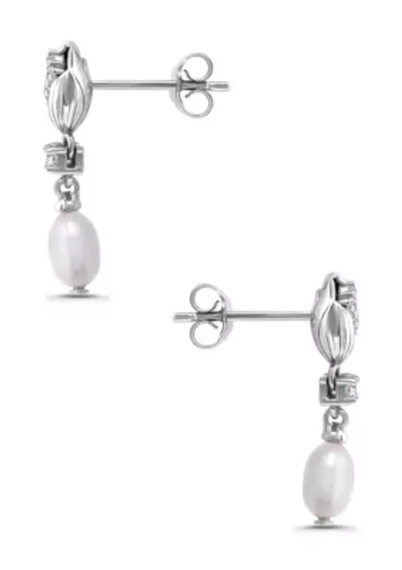 Freshwater Pearl and White Topaz Sterling Silver Tulip Drop Post Earrings