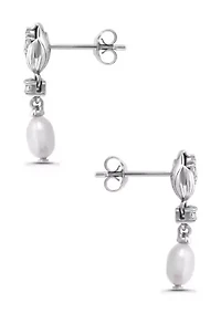 Freshwater Pearl and White Topaz Sterling Silver Tulip Drop Post Earrings