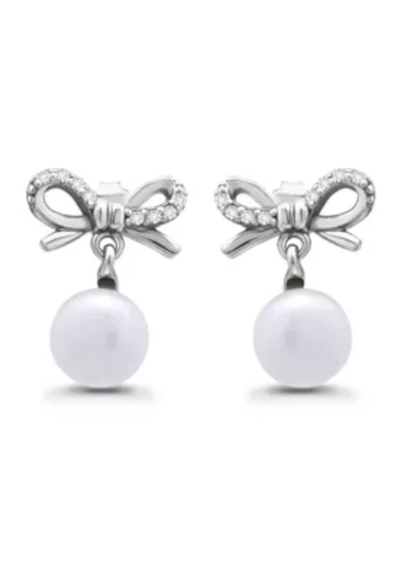 Freshwater Pearl and Pave White Topaz Bow Sterling Silver Post Earrings