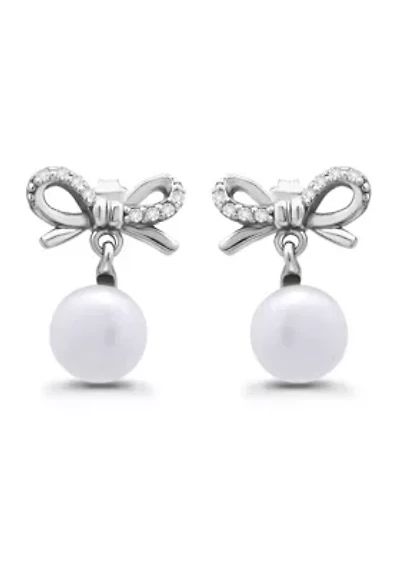 Freshwater Pearl and Pave White Topaz Bow Sterling Silver Post Earrings