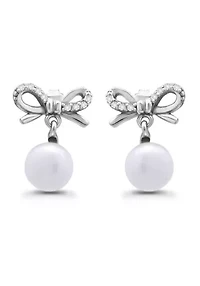 Freshwater Pearl and Pave White Topaz Bow Sterling Silver Post Earrings