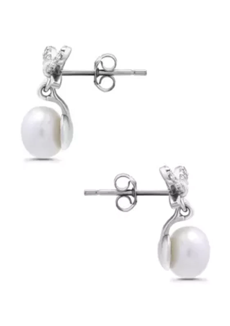 Freshwater Pearl and Pave White Topaz Bow Sterling Silver Post Earrings
