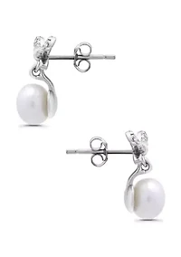 Freshwater Pearl and Pave White Topaz Bow Sterling Silver Post Earrings
