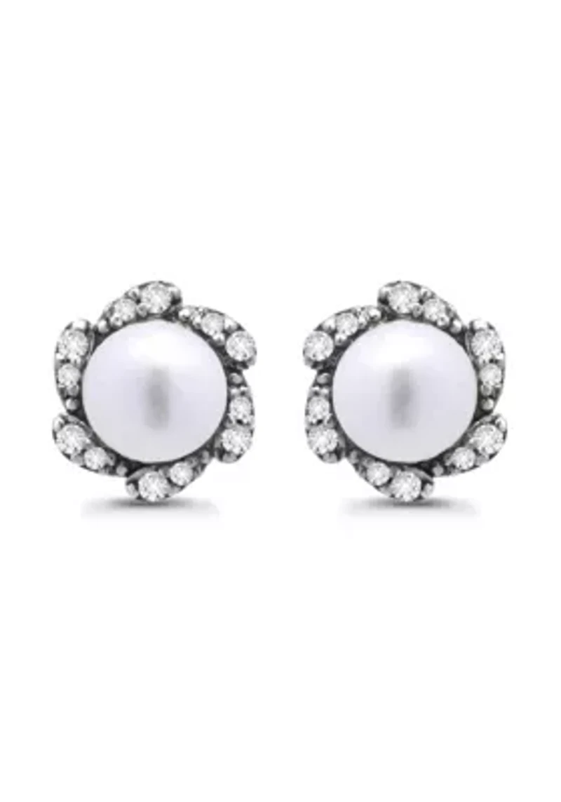 Freshwater Pearl with Pave White Topaz Scalloped Halo Sterling Silver Post Earrings