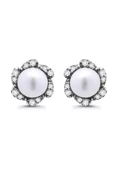 Freshwater Pearl with Pave White Topaz Scalloped Halo Sterling Silver Post Earrings