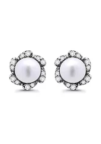 Freshwater Pearl with Pave White Topaz Scalloped Halo Sterling Silver Post Earrings
