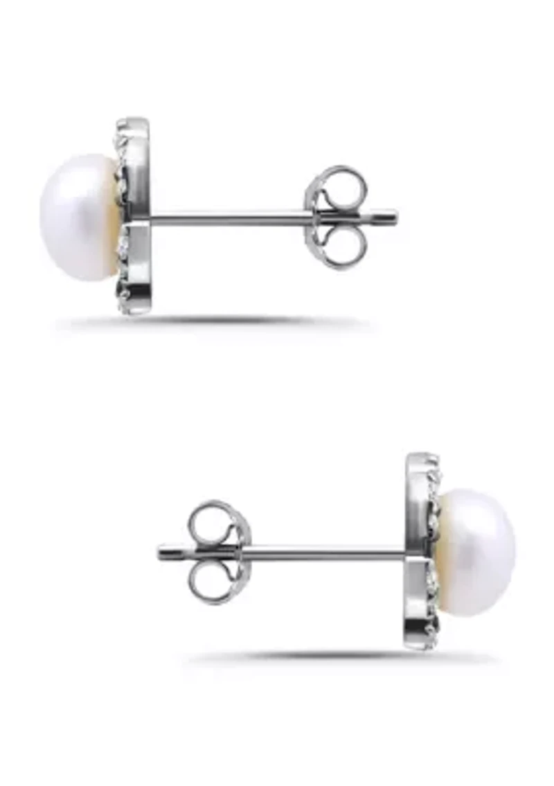Freshwater Pearl with Pave White Topaz Scalloped Halo Sterling Silver Post Earrings