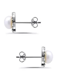 Freshwater Pearl with Pave White Topaz Scalloped Halo Sterling Silver Post Earrings
