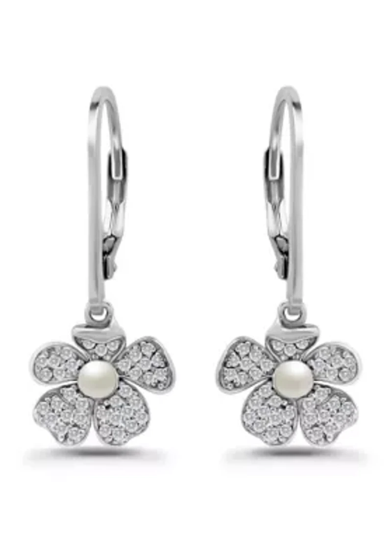 Freshwater Pearl and Pave White Topaz Flower Sterling Silver Leverback Drop Earrings