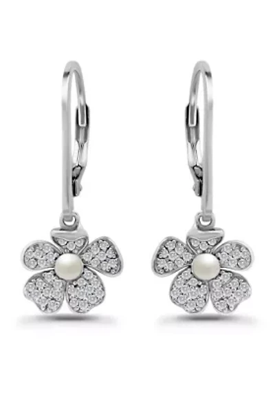 Freshwater Pearl and Pave White Topaz Flower Sterling Silver Leverback Drop Earrings