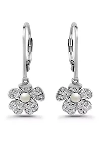 Freshwater Pearl and Pave White Topaz Flower Sterling Silver Leverback Drop Earrings