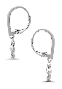Freshwater Pearl and Pave White Topaz Flower Sterling Silver Leverback Drop Earrings