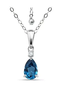7/8 Cttw 8X5mm Pear London Blue Topaz & 2mm Round White Topaz Pendant w/Bale, Sterling Silver, DS