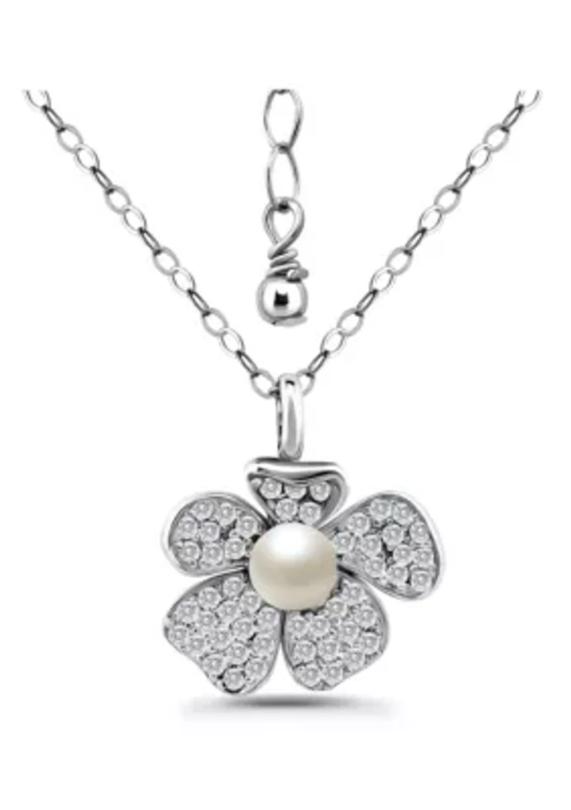 Freshwater Pearl and Pave White Topaz Flower Sterling Silver Pendant