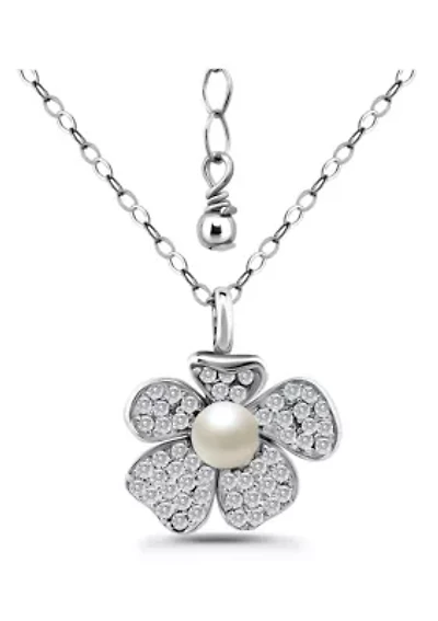 Freshwater Pearl and Pave White Topaz Flower Sterling Silver Pendant