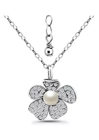 Freshwater Pearl and Pave White Topaz Flower Sterling Silver Pendant