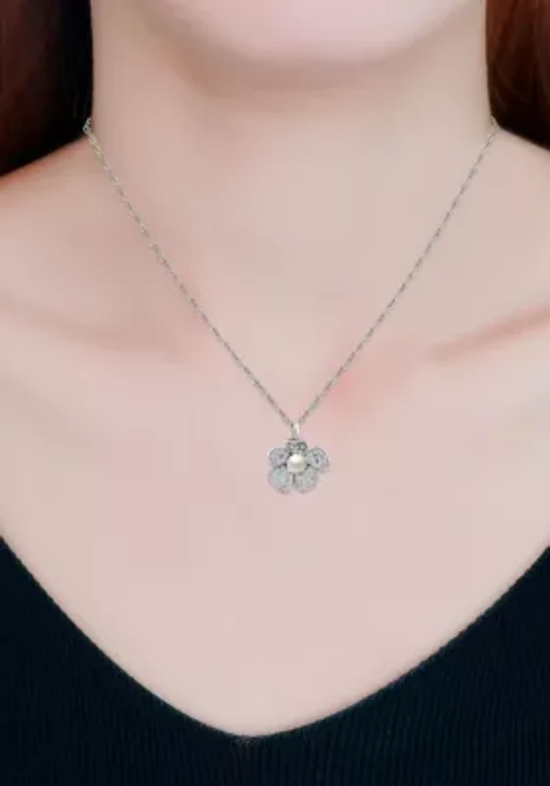 Freshwater Pearl and Pave White Topaz Flower Sterling Silver Pendant
