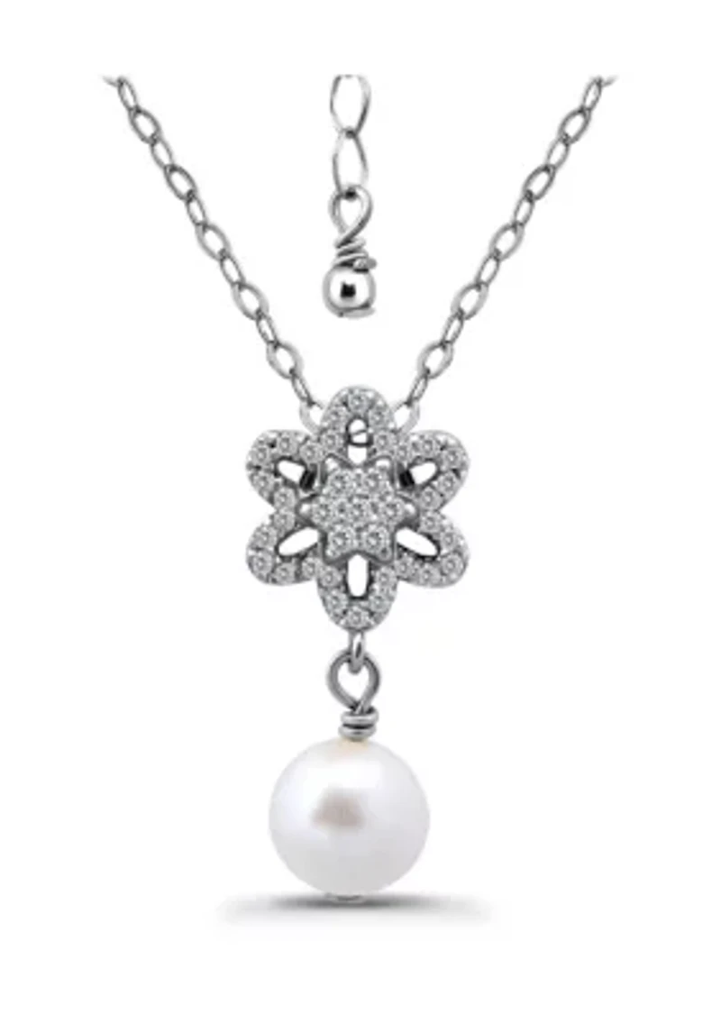 Freshwater Pearl Drop and Pave White Topaz Flower Sterling Silver Pendant