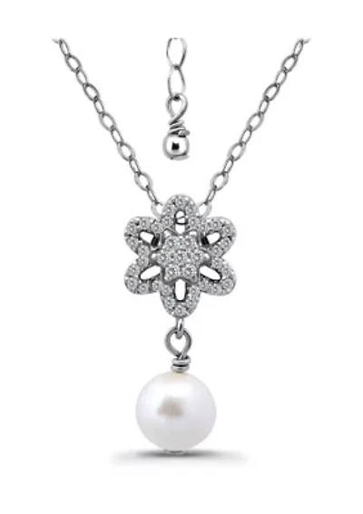 Freshwater Pearl Drop and Pave White Topaz Flower Sterling Silver Pendant