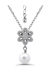 Freshwater Pearl Drop and Pave White Topaz Flower Sterling Silver Pendant