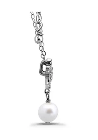 Freshwater Pearl Drop and Pave White Topaz Flower Sterling Silver Pendant