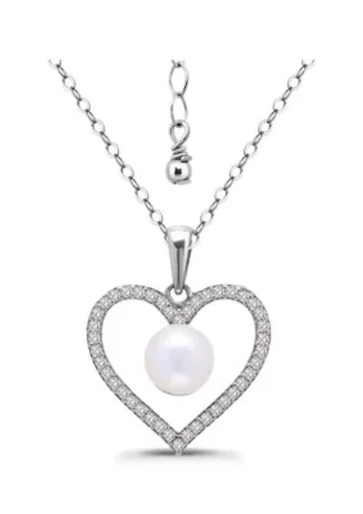 Freshwater Pearl and Pave White Topaz Heart Shaped Sterling Silver Pendant