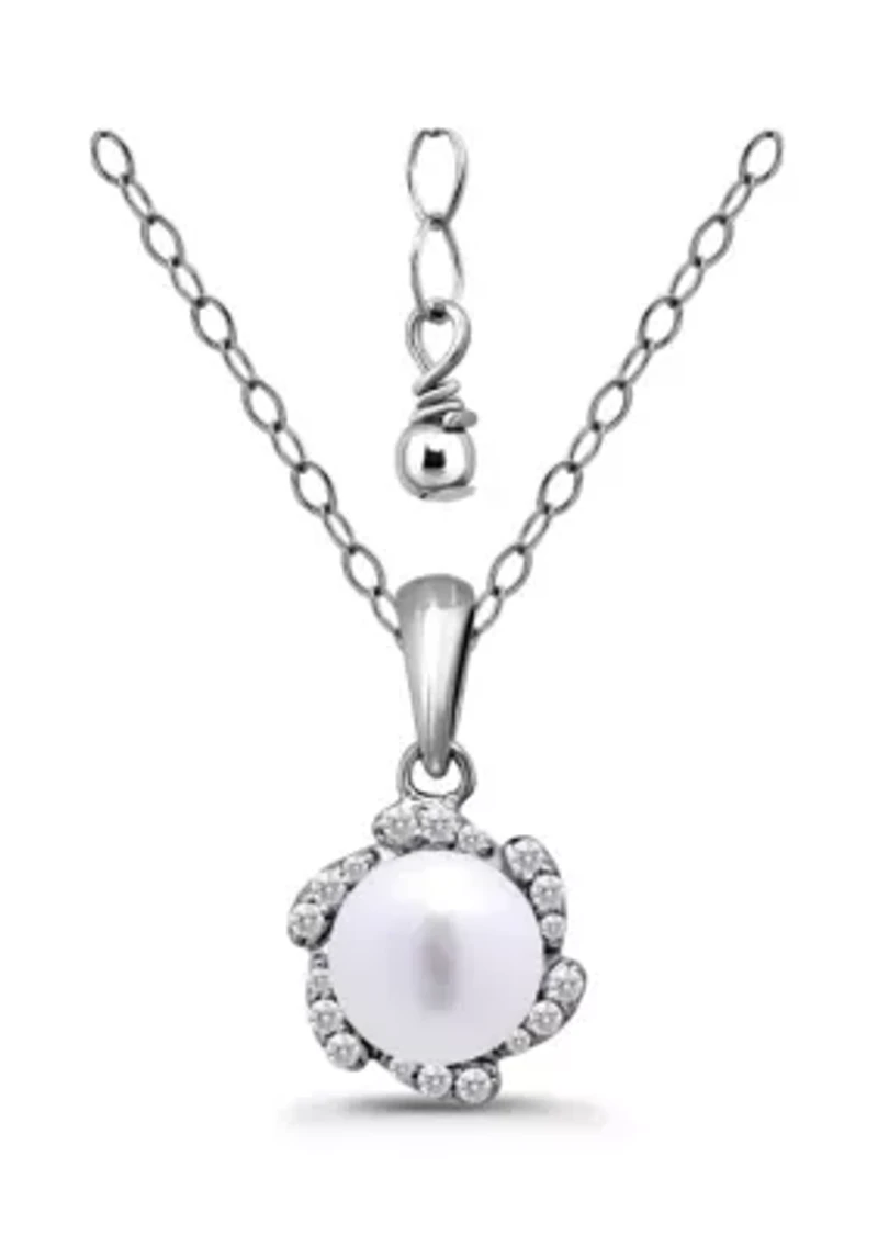 Freshwater Pearl with Pave White Topaz Scalloped Halo Sterling Silver Pendant