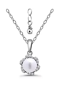 Freshwater Pearl with Pave White Topaz Scalloped Halo Sterling Silver Pendant